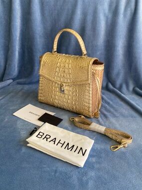 Brahmin Gold Croc-Embossed Top-Handle Satchel with Woven Side Panels NWT
